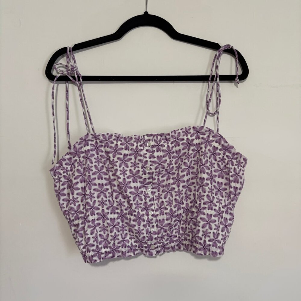 Aerie Cotton Purple and White Floral Pattern Tie Strap Tank Top - Size Large